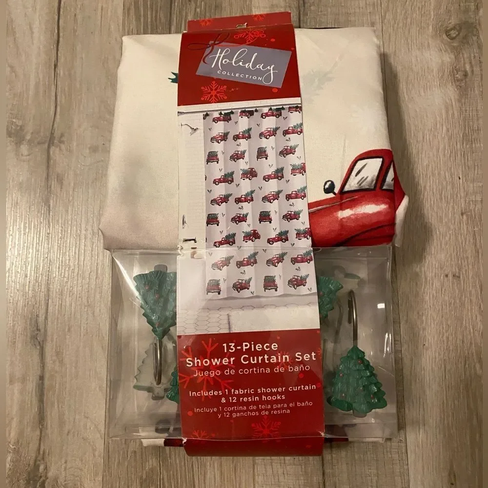 (Holiday Collection) Vintage Red Truck Christmas Tree Shower Curtain Set